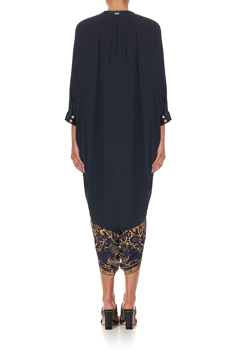 V-NECK DRESS WITH DRAPED BACK SOLID NAVY