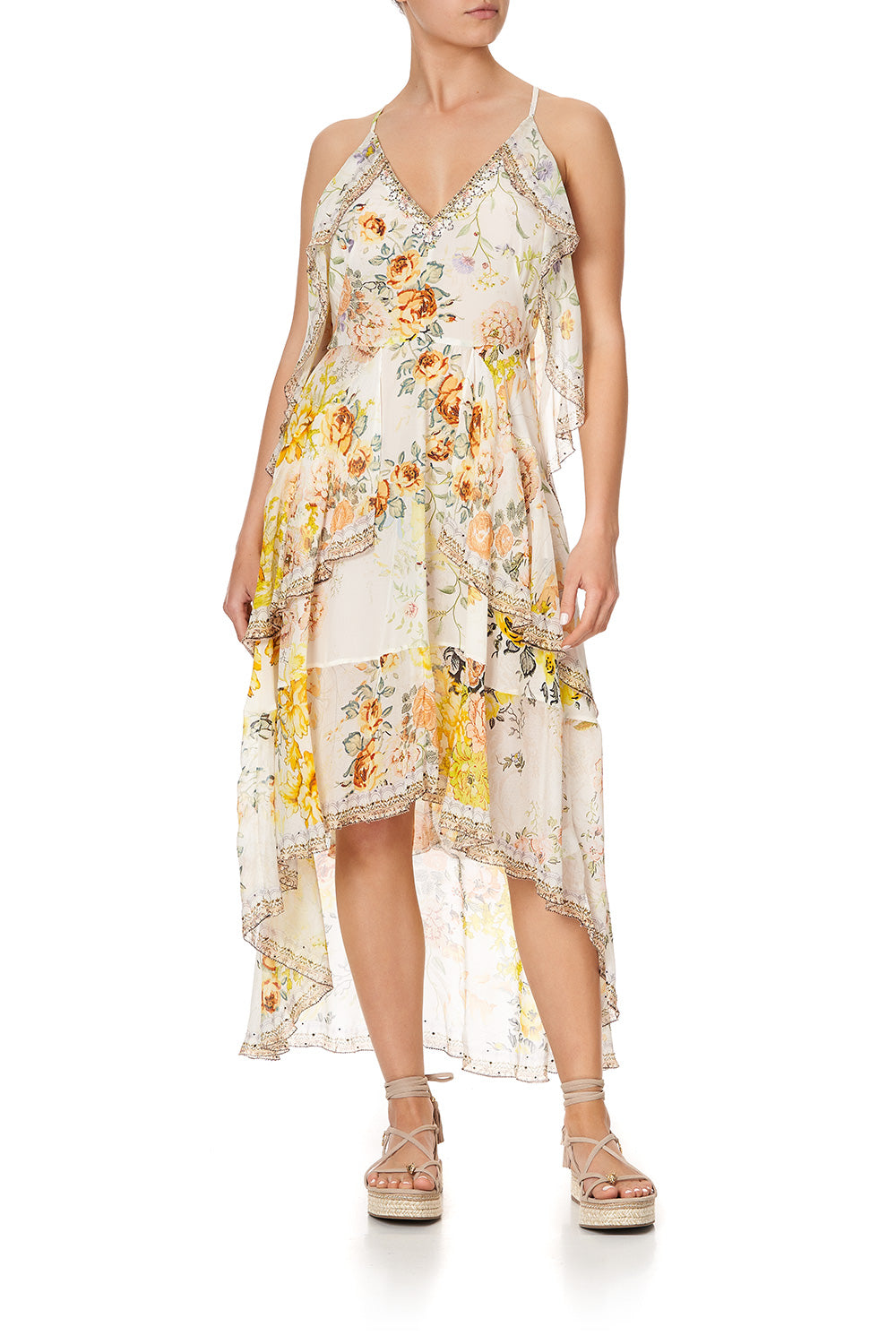 V-NECK FITTED DRESS WITH RUFFLES IN THE HILLS OF TUSCANY