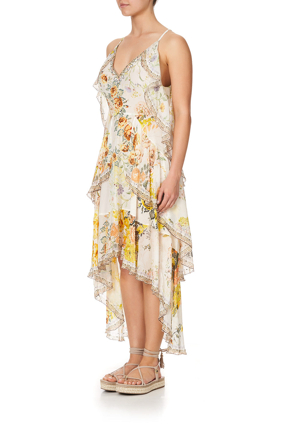 V-NECK FITTED DRESS WITH RUFFLES IN THE HILLS OF TUSCANY