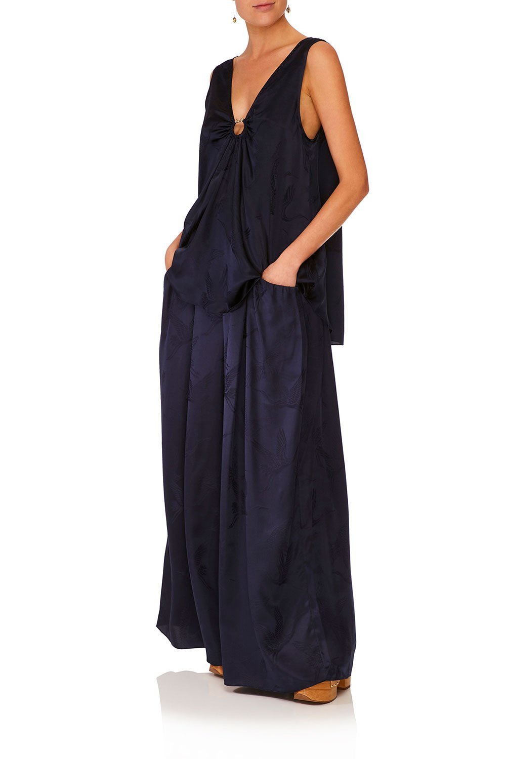 CAMILLA SOLID NAVY WIDE LEG PANT W GATHERED POCKET