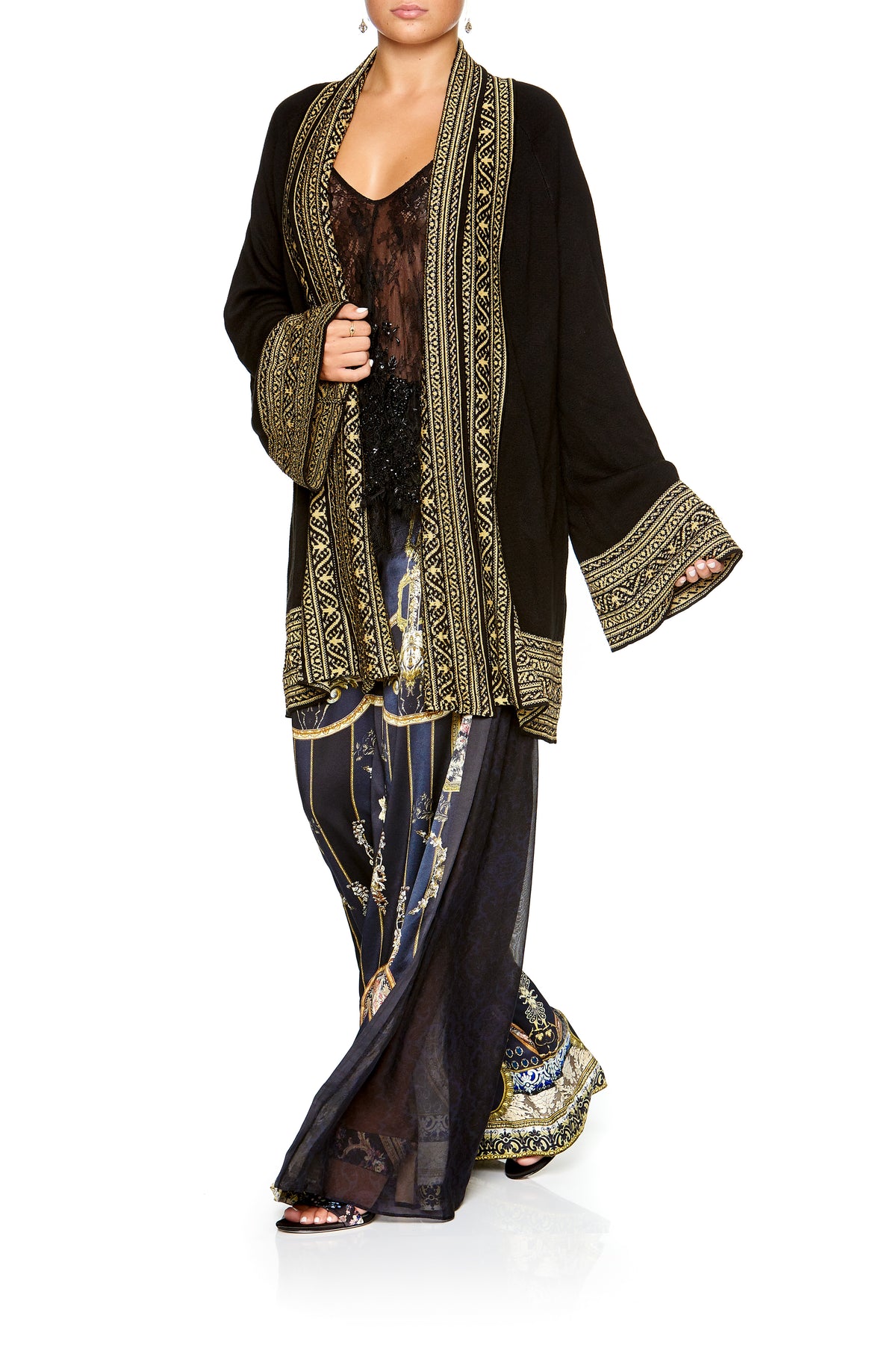 KIMONO KNIT WITH TIE BLACK GOLD