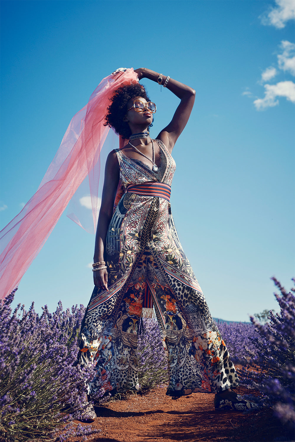 LACE TRIM JUMPSUIT WITH GODET MARAIS AT MIDNIGHT