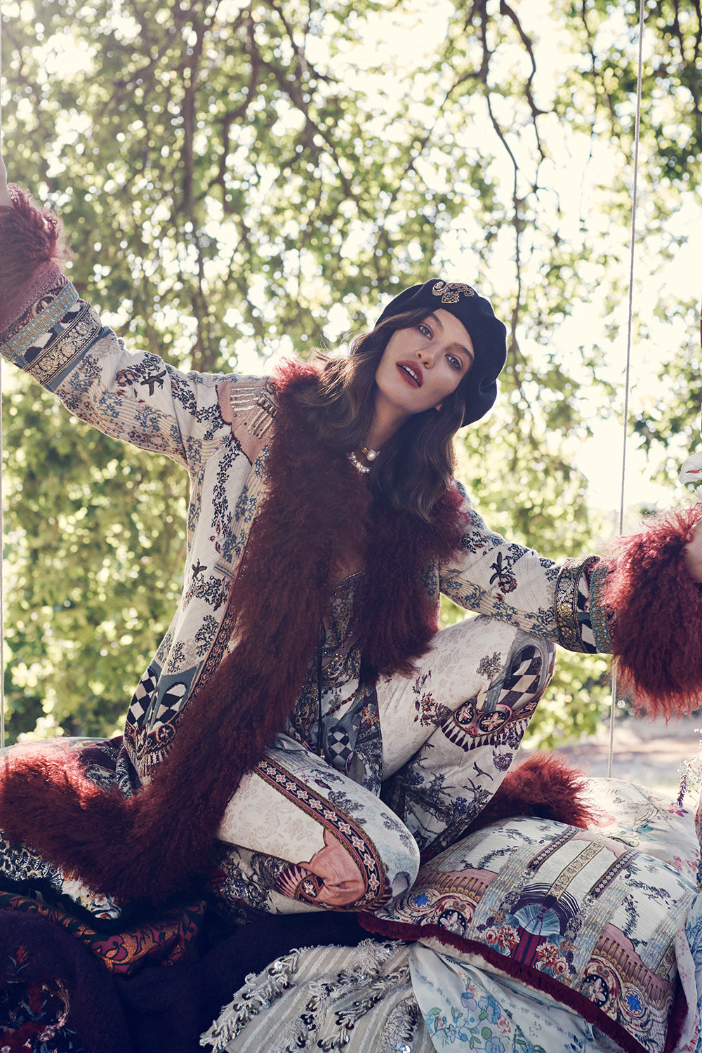 LONG KNIT JACQUARD COAT WITH FUR VIOLET CITY