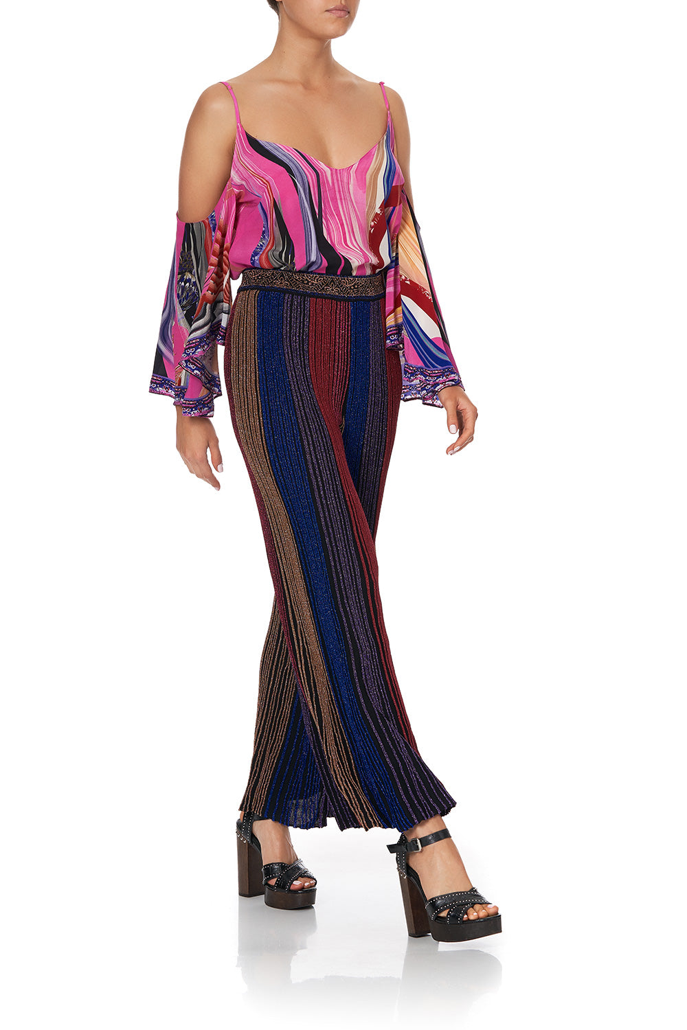 FLARED METALLIC KNIT PANTS FOLK RIVER