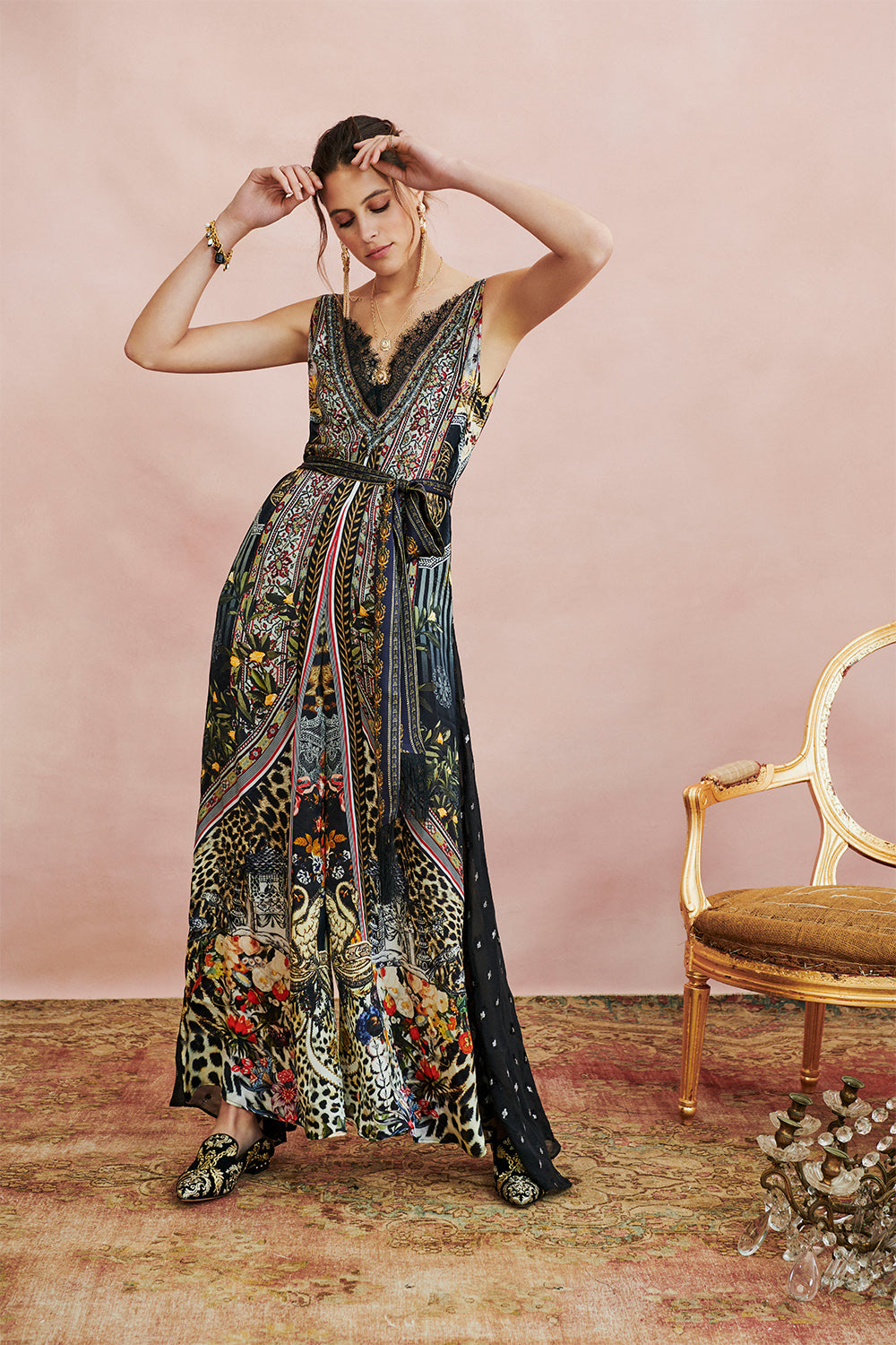 LACE TRIM JUMPSUIT WITH GODET MARAIS AT MIDNIGHT