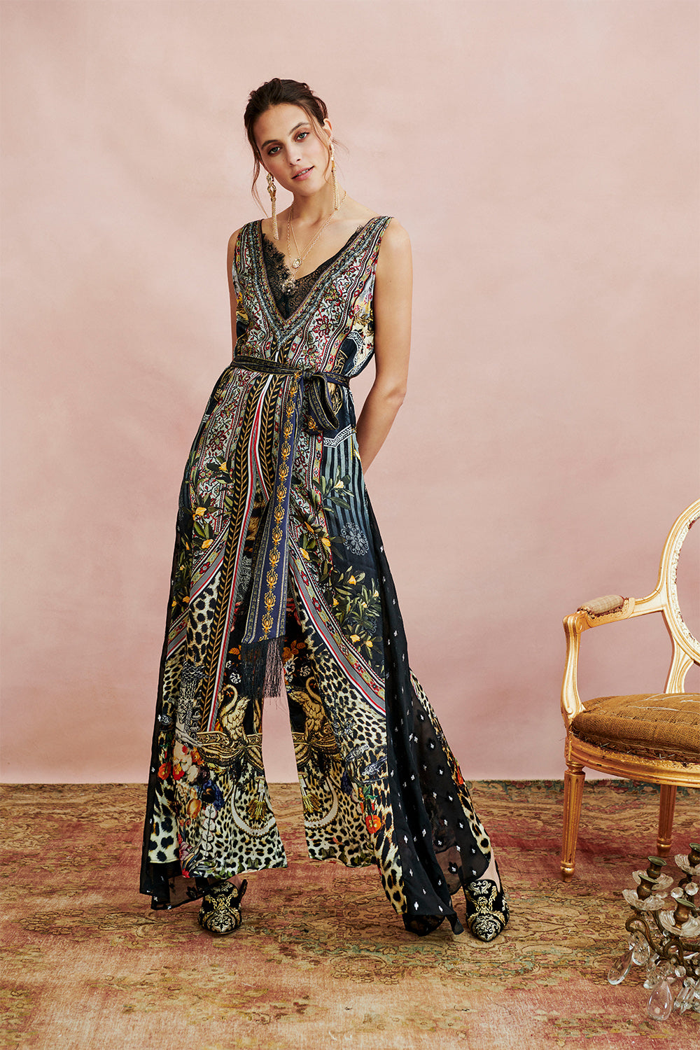 LACE TRIM JUMPSUIT WITH GODET MARAIS AT MIDNIGHT