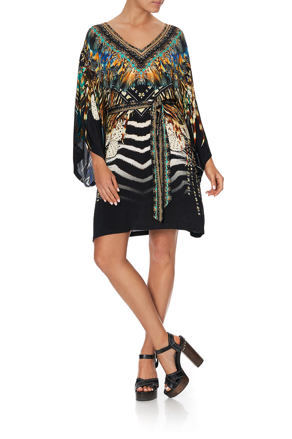 V NECK JERSEY SHORT KAFTAN WITH TIE LOST PARADISE