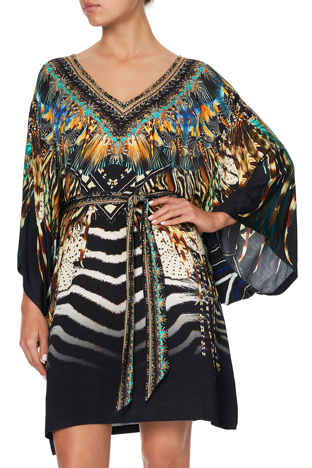 V NECK JERSEY SHORT KAFTAN WITH TIE LOST PARADISE