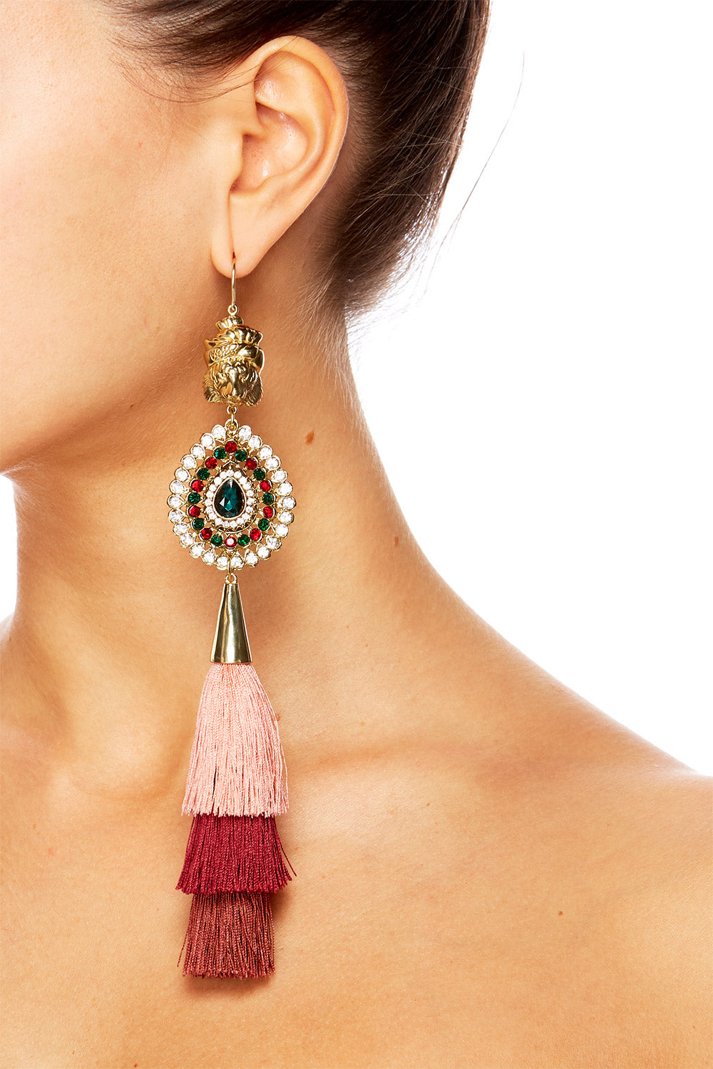 GOLD BRASS BOLLYWOOD TIGER TASSEL EARRINGS