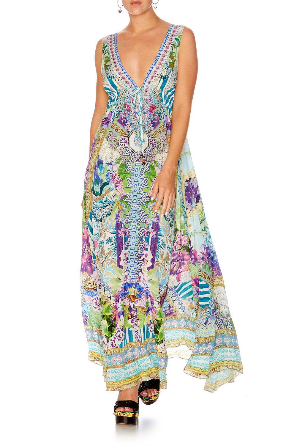 SALVADOR FIELDS FOREVER LONG V NECK DRAWSTRING DRESS