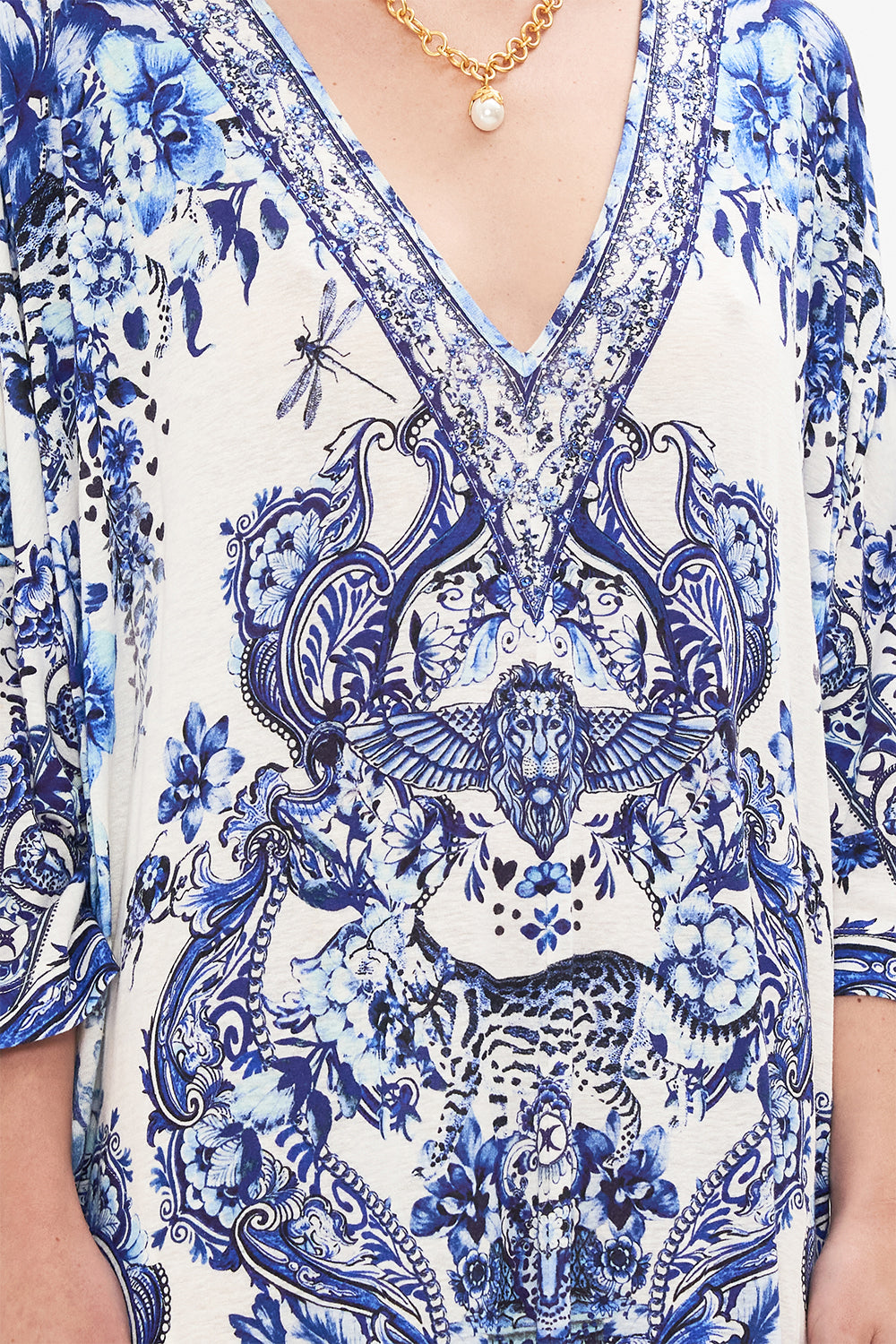 Detail view of model wearing CAMILLA jersey kaftan in Glaze and Graze print 