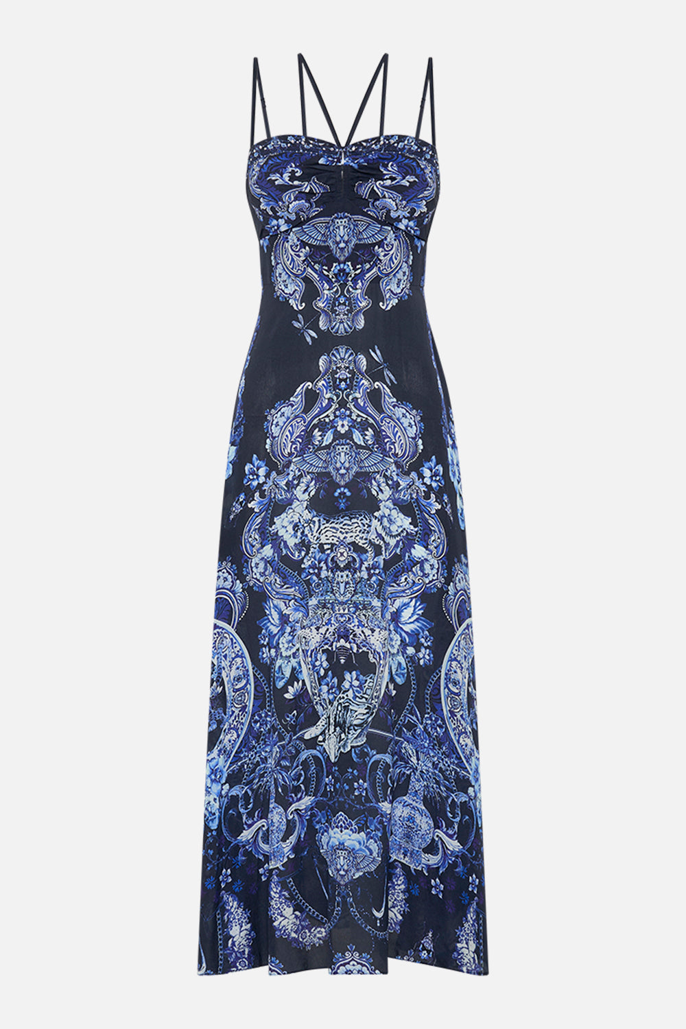 CAMILLA silk dress in Delft Dynasty print