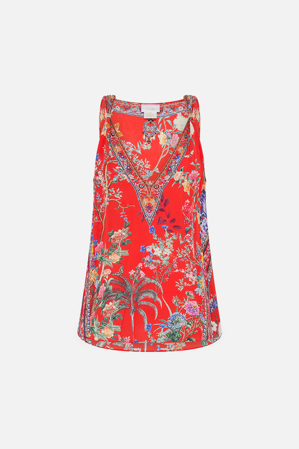 CAMILLA red floral print silk tank top in The Summer Palace print