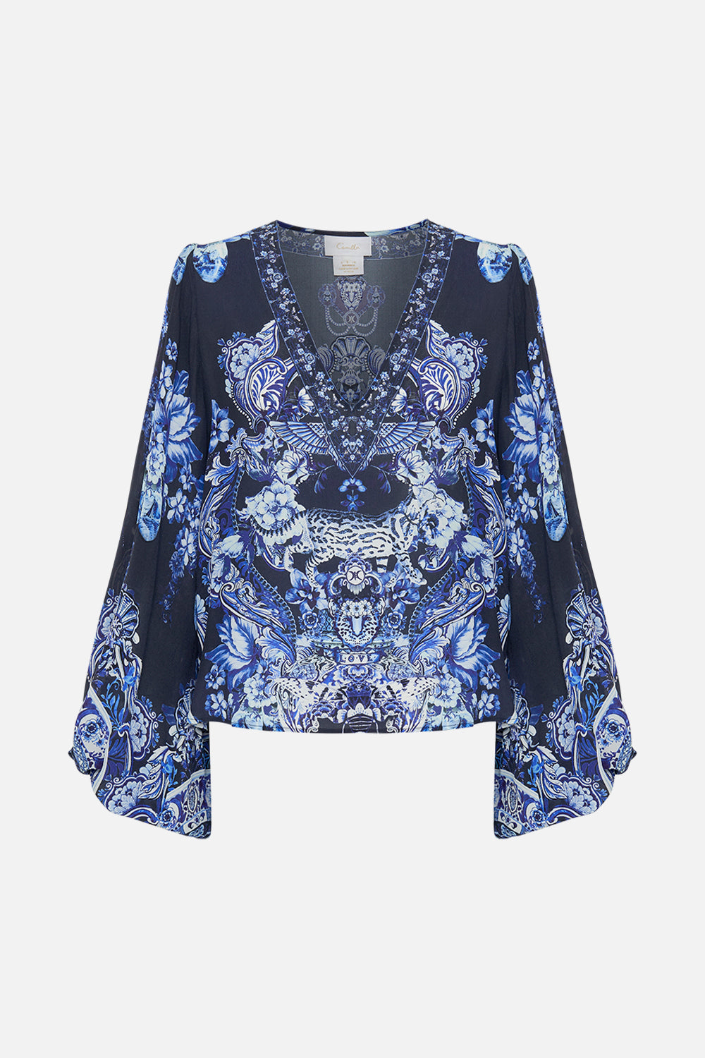 Back view of model wearing CAMILLA silk blouse in Delft Dynasty print