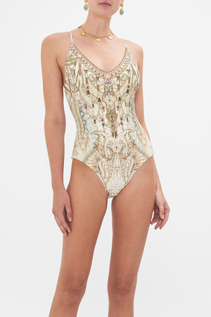 CAMILLA resortwear onepiece swimsuit in Ivory Tower Tales  print