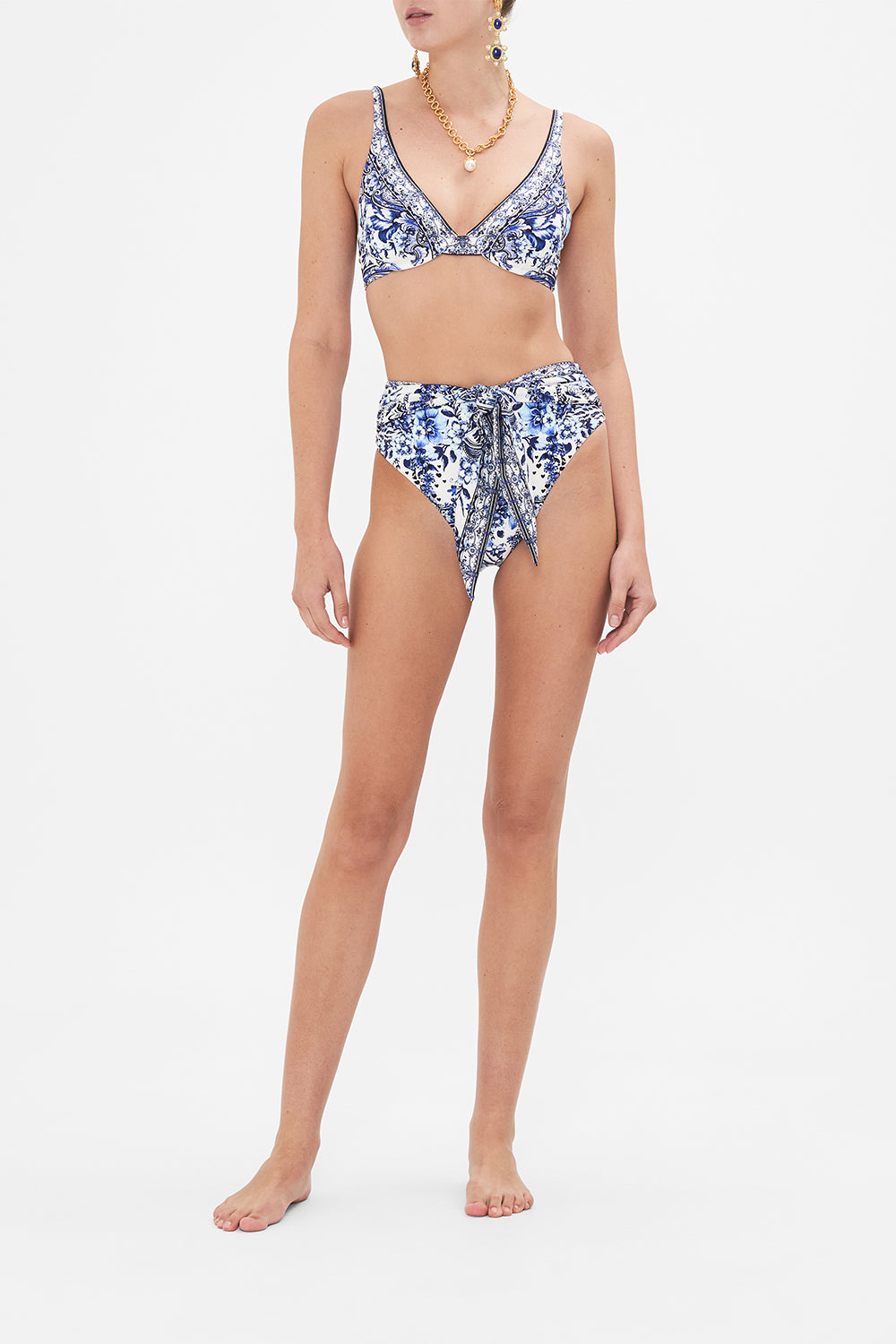 Front view of model wearing CAMILLA womens underwire bikini top in Glaze and Graze print