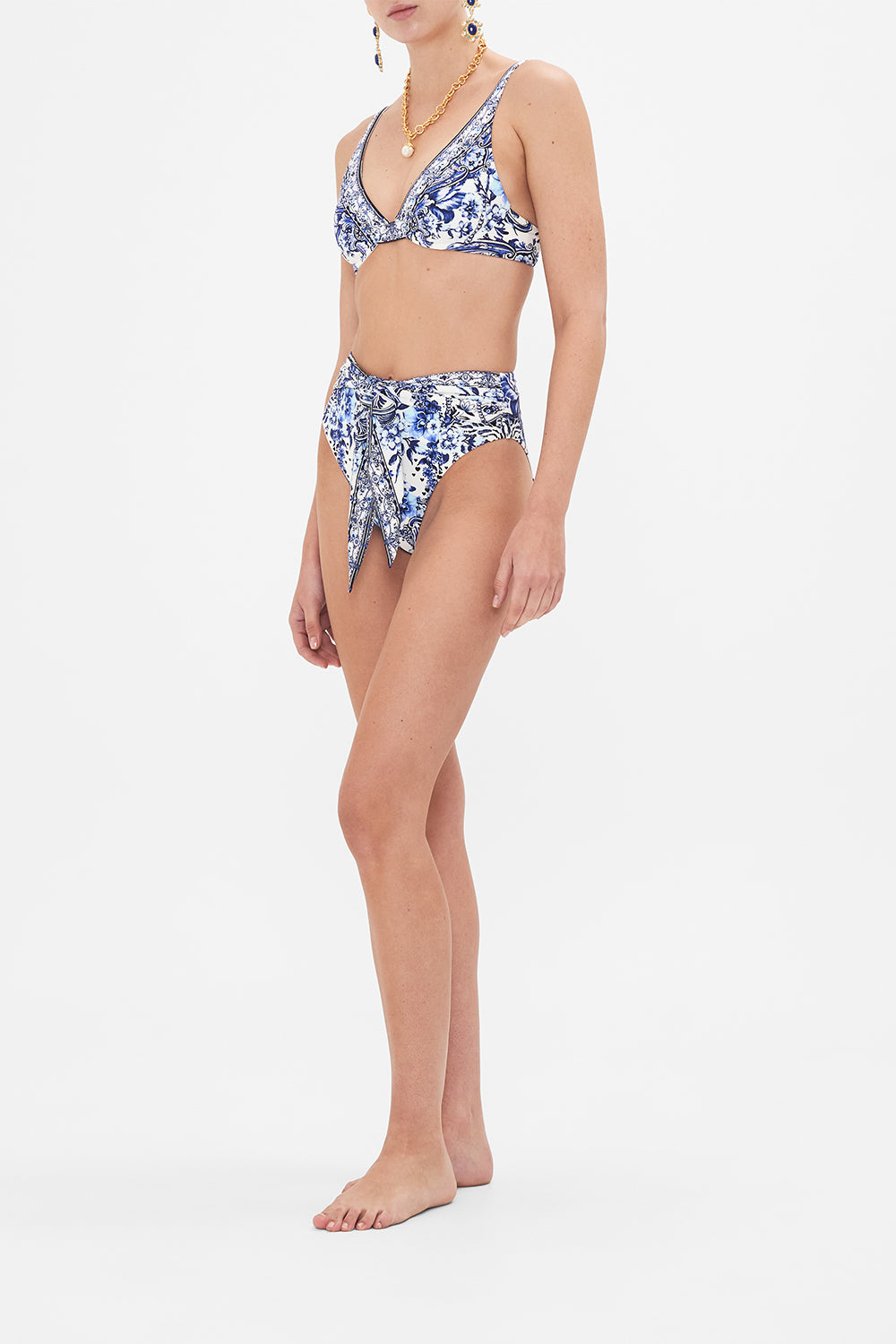 Side view of model wearing CAMILLA womens underwire bikini top in Glaze and Graze print