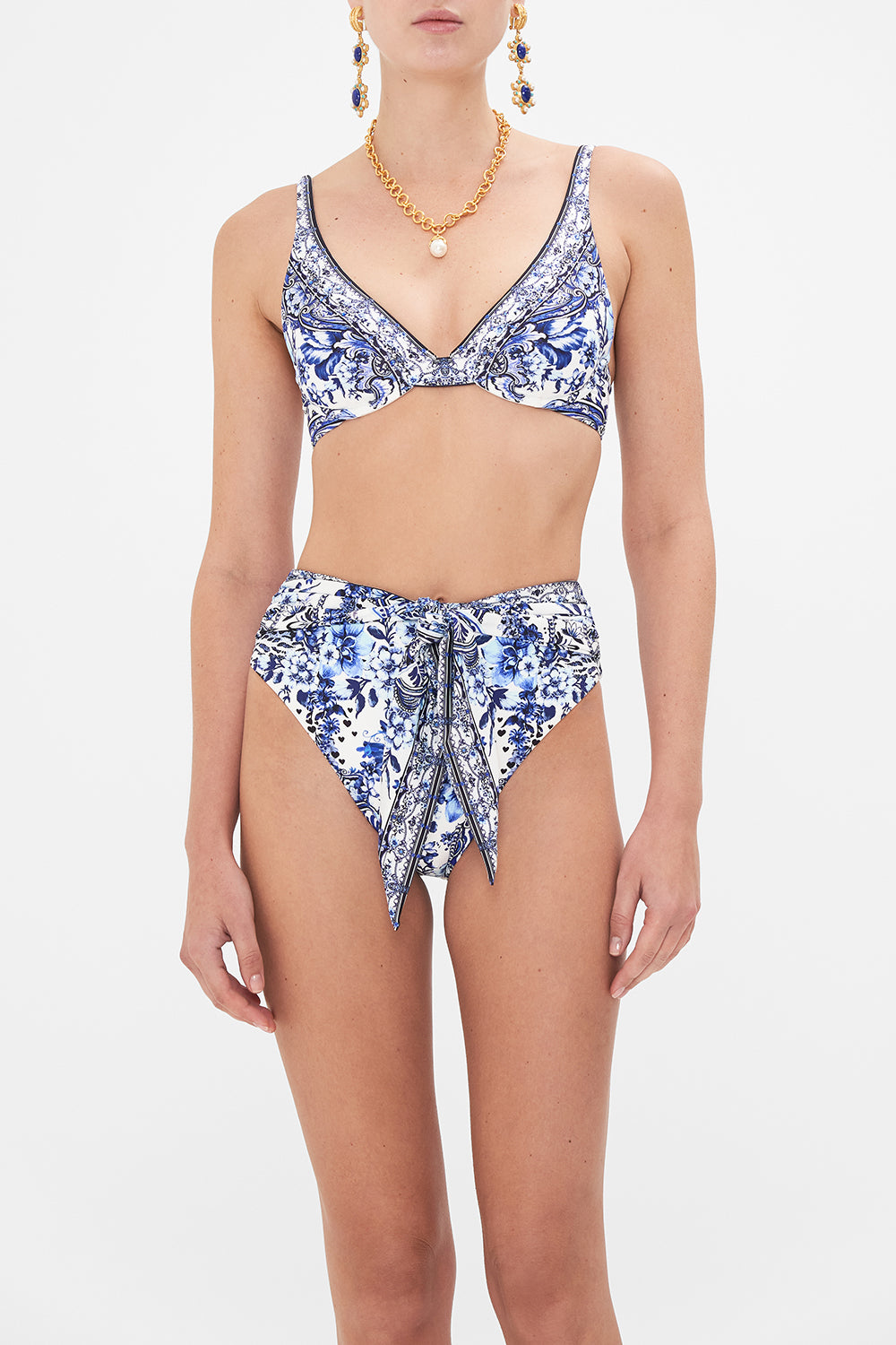 Crop view of model wearing CAMILLA womens underwire bikini top in Glaze and Graze print