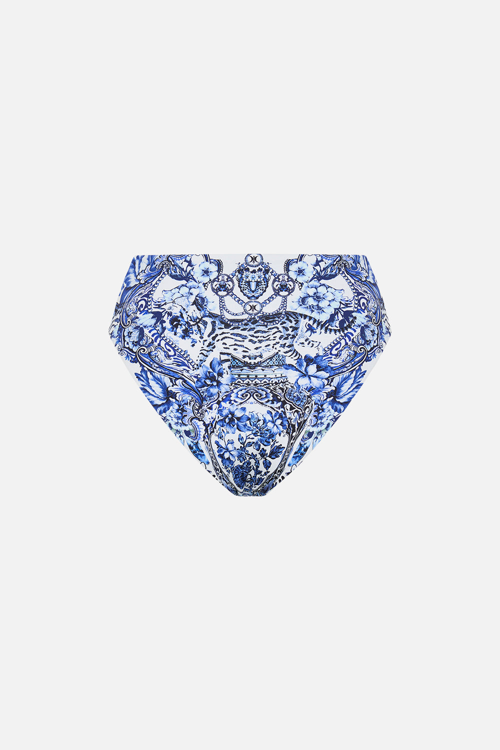 Detail view of model wearing CAMILLA high waisted bikini bottoms in G;aze And Graze print 