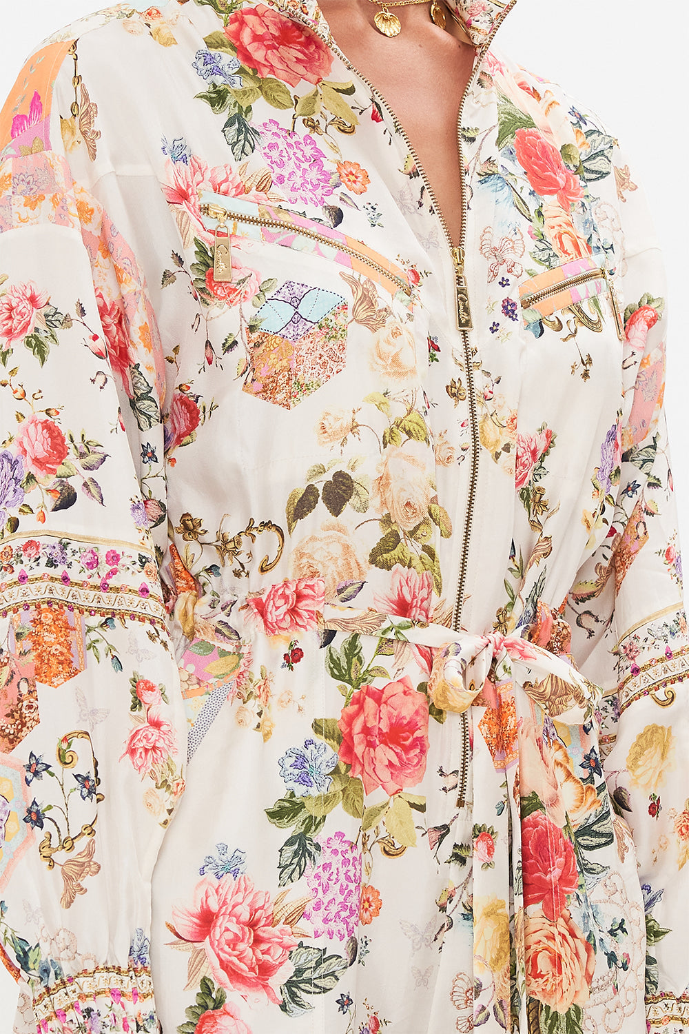 CAMILLA floral layered long sarong with front tie in Stitched in Time print.