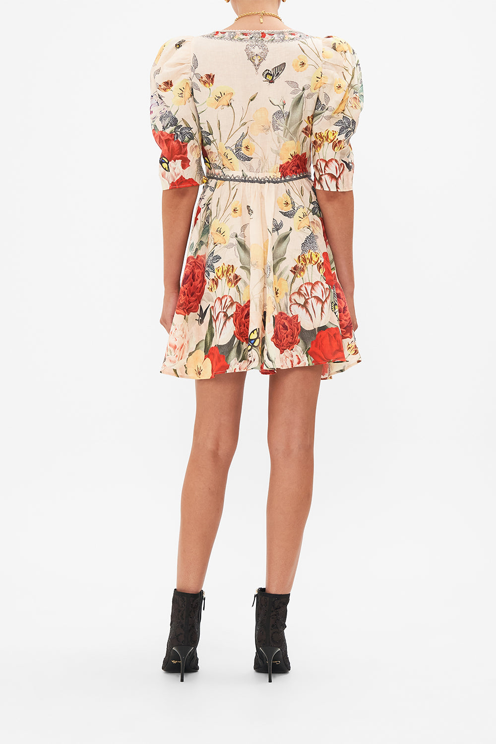 CAMILLA Multi Puff Sleeve Short Dress with Hardware in Etched into Eternity print
