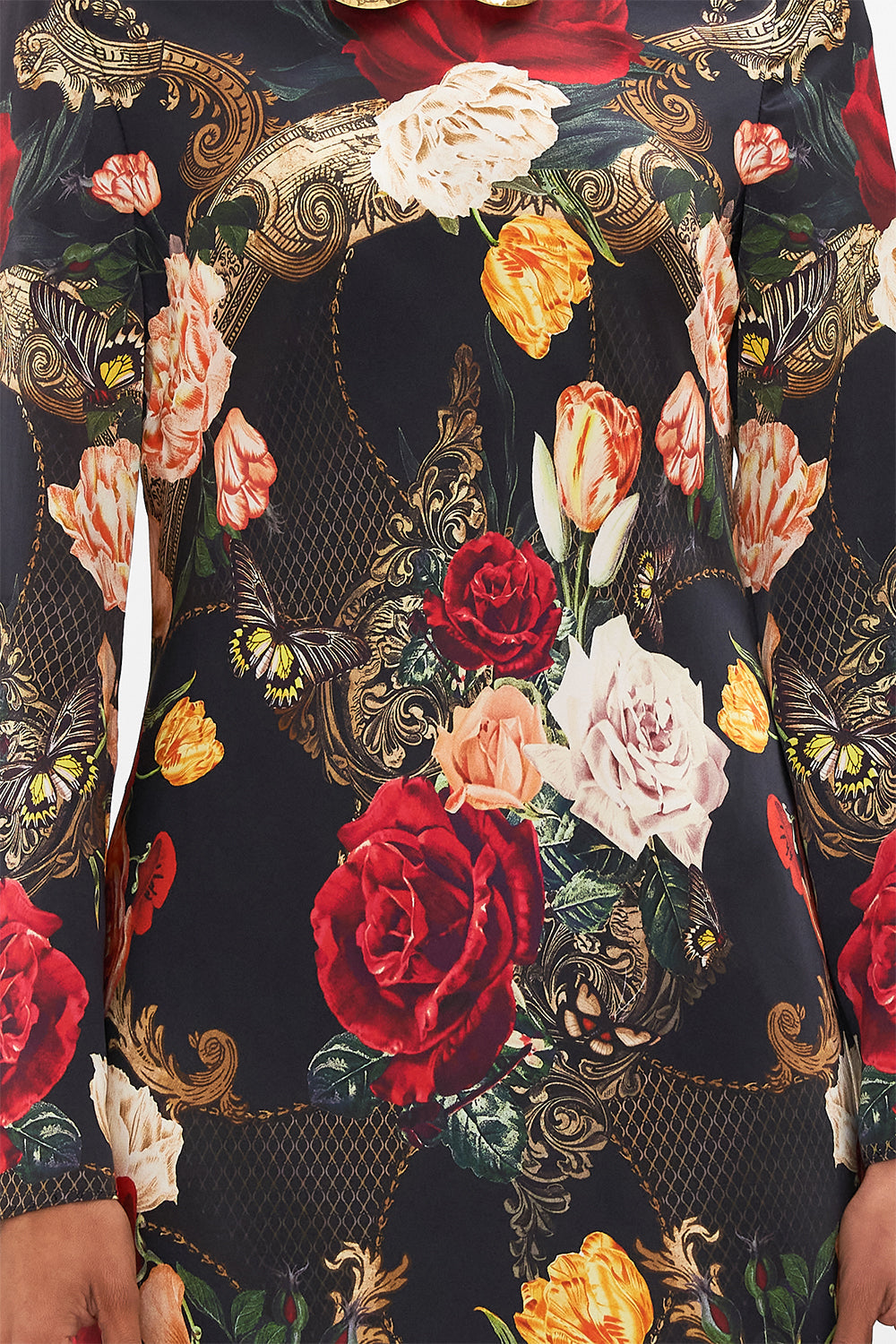 CAMILLA Black Long Sleeve Bias Dress in Magic in the Manuscripts print