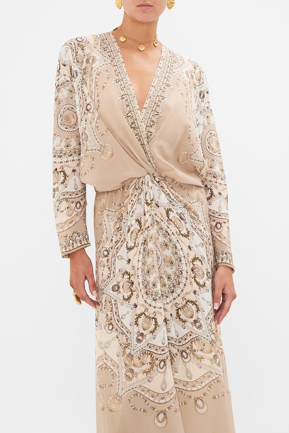 CAMILLA Blush Twist Front Batwing Dress in Grotto Goddess print