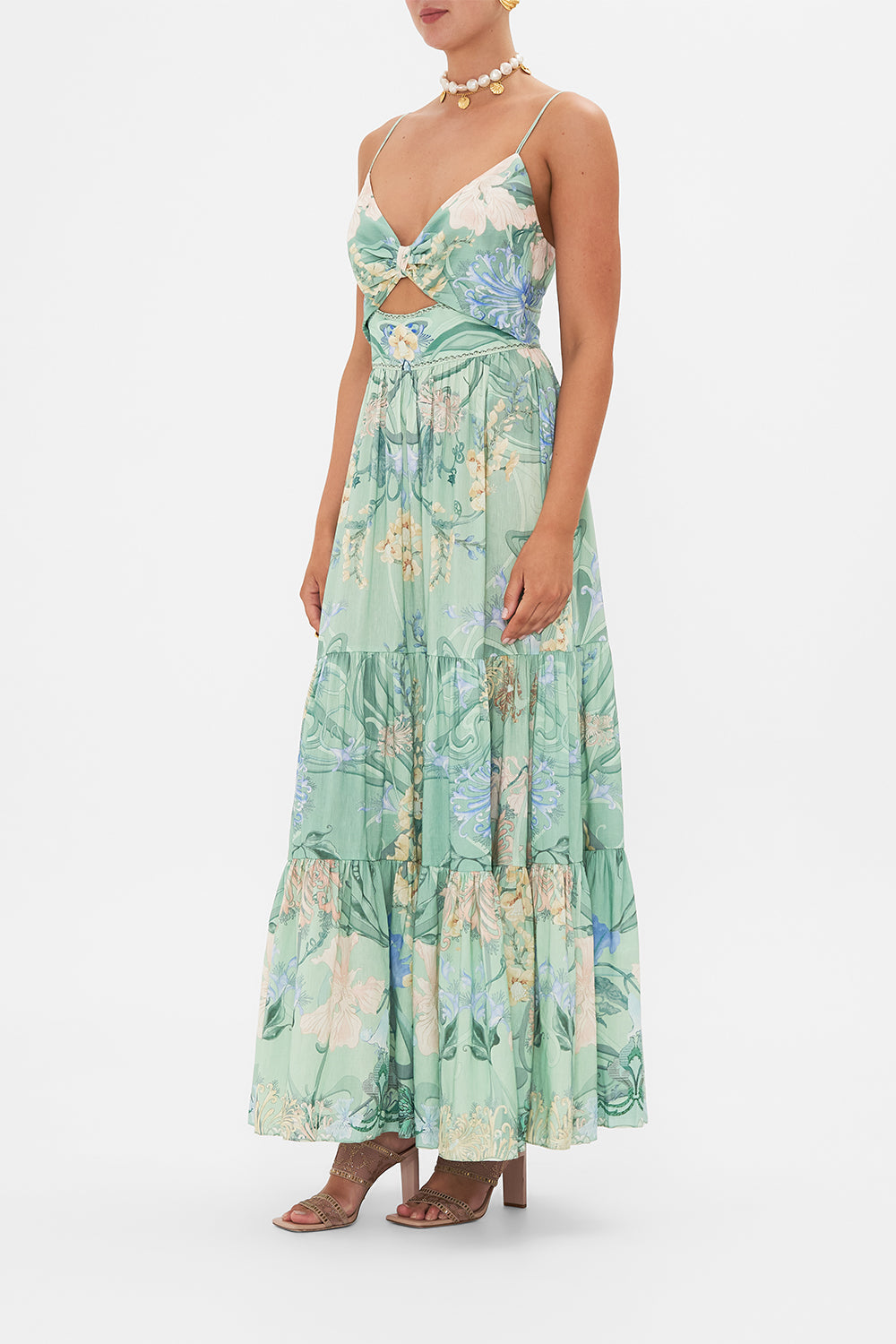 CAMILLA Floral Cut-Out Bodice Dress with Tiered Skirt in Dreaming in Dutch print