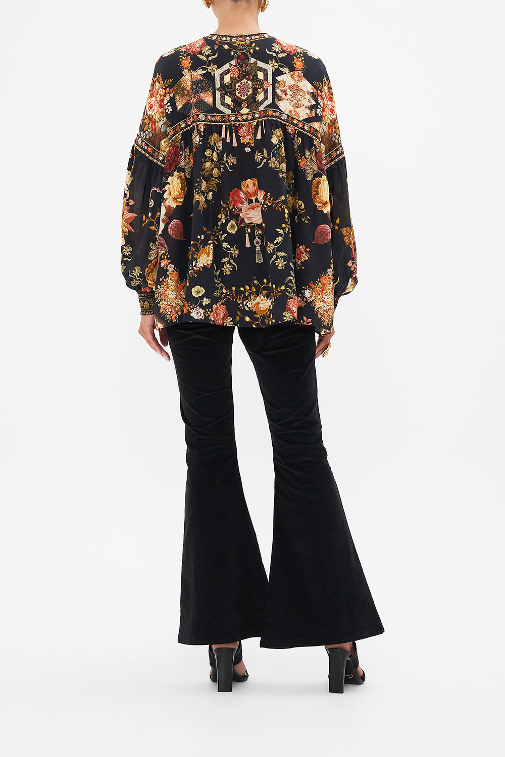 CAMILLA Floral Blouson Blouse with Neck Tie in Stitched in Time print