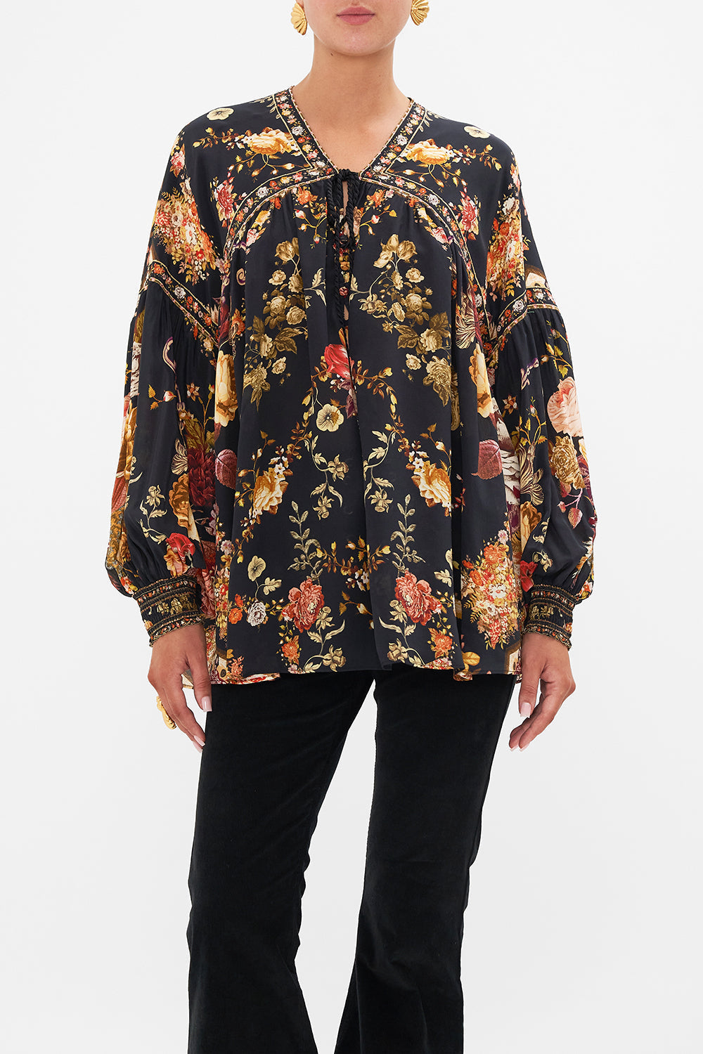CAMILLA Floral Blouson Blouse with Neck Tie in Stitched in Time print
