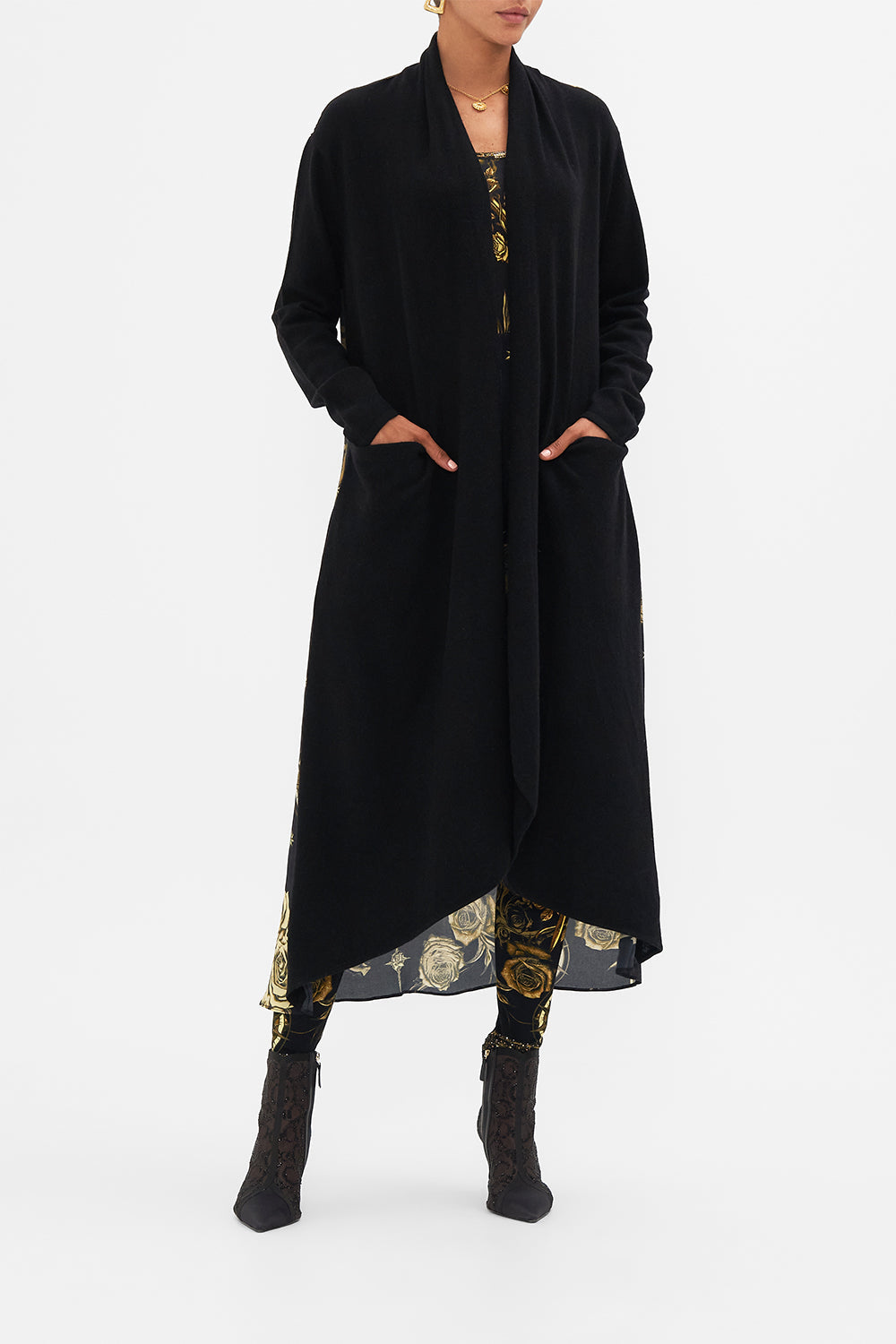 CAMILLA black knitted casual jacket with silk back in So Says The Oracle print.