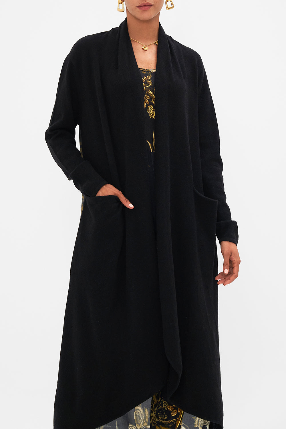 CAMILLA black knitted casual jacket with silk back in So Says The Oracle print.