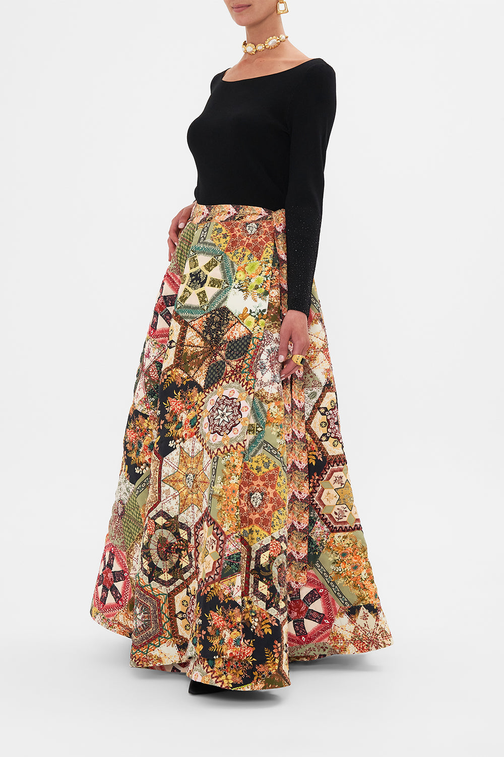 CAMILLA Black Reversible Embroidered Quilted Wrap Skirt in Stitched in Time print