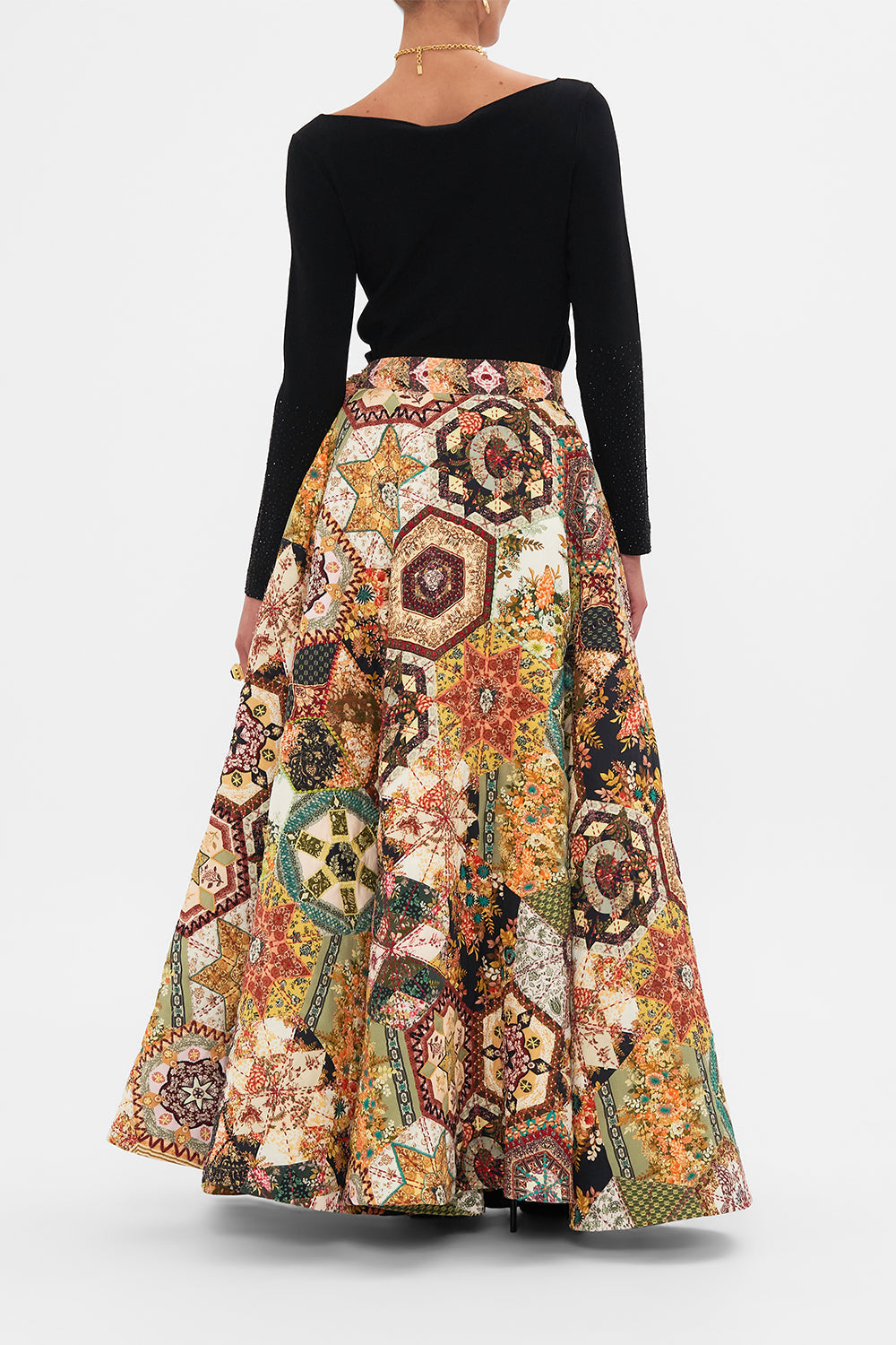 CAMILLA Black Reversible Embroidered Quilted Wrap Skirt in Stitched in Time print