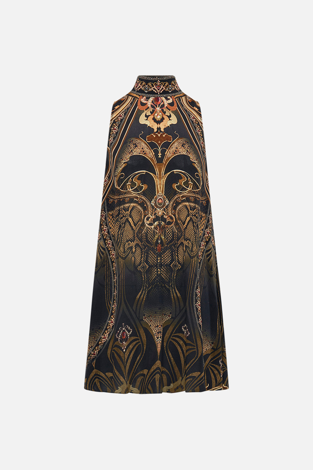 CAMILLA silk mini dress in Nouveau Noir print