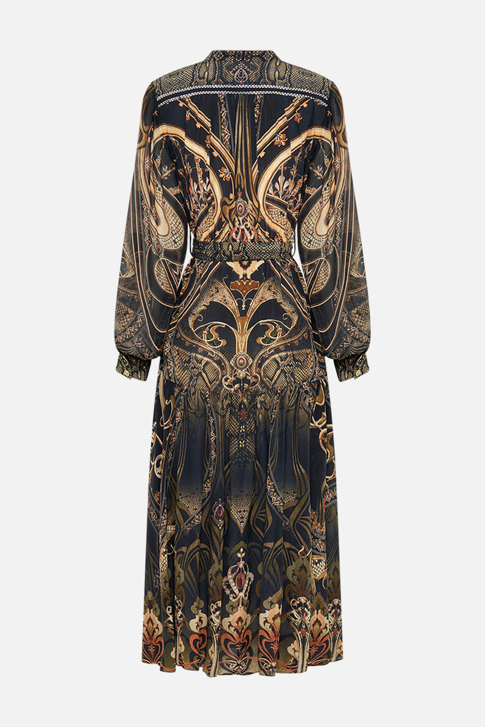 CAMILLA silk button through dress in Nouveau Noir print