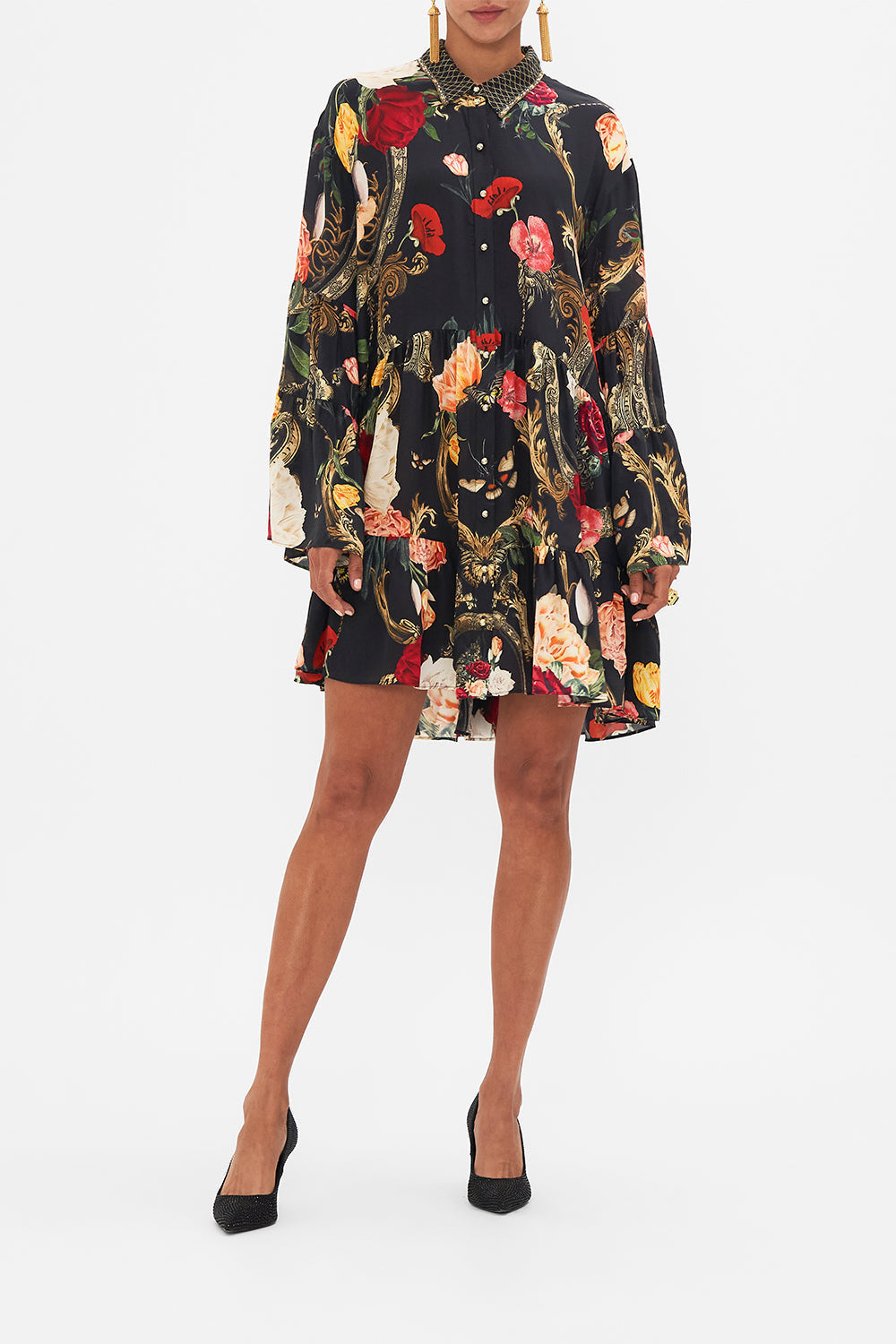 CAMILLA Black Tiered Dress with Collar in Magic in the Manuscripts