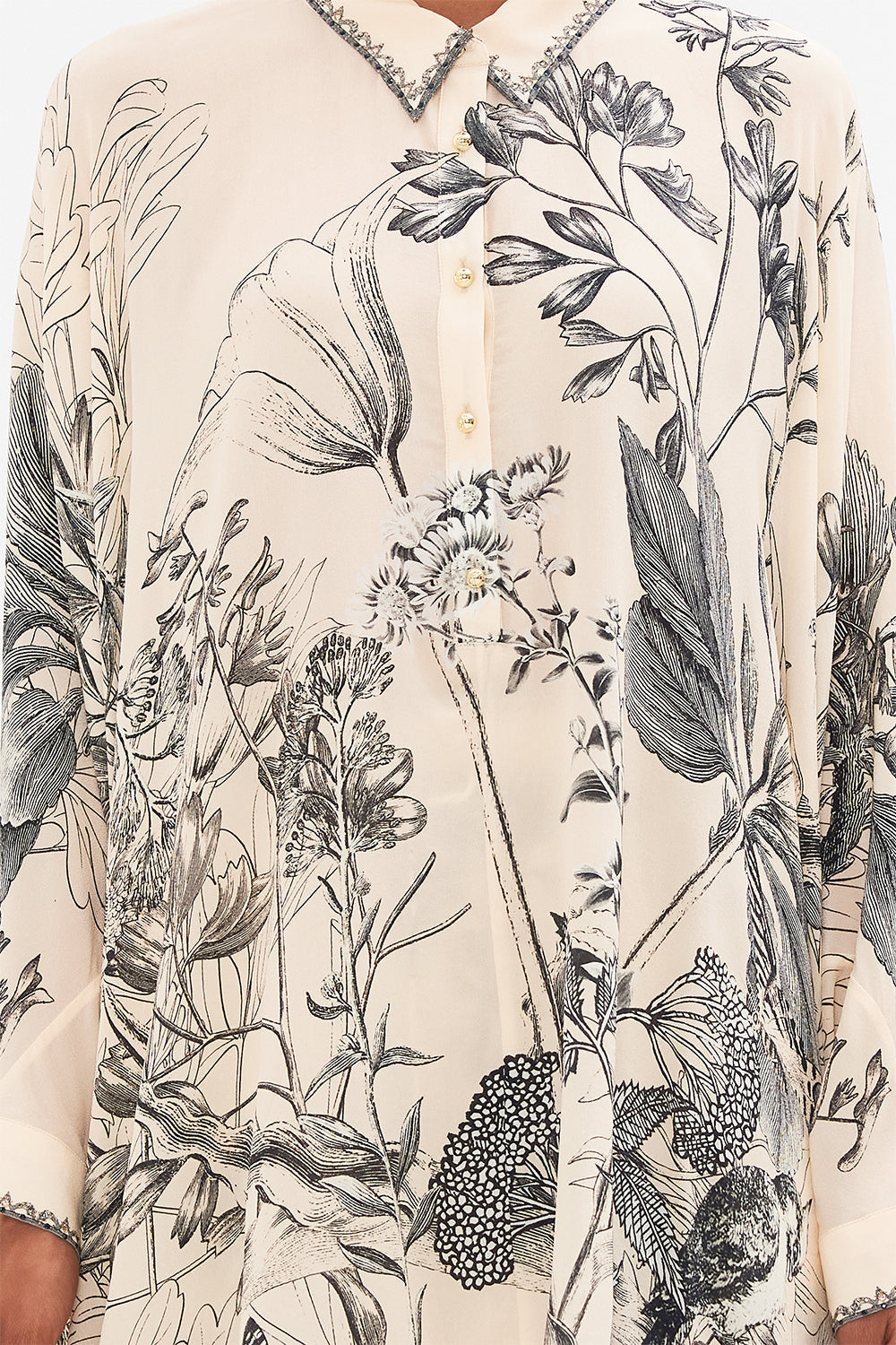 CAMILLA Multi Button Up Top with Draped Back in Etched into Eternity print