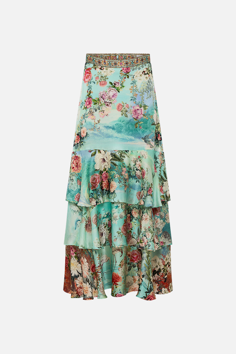 CAMILLA Tiered ruffle skirt in The jewellery museum print.