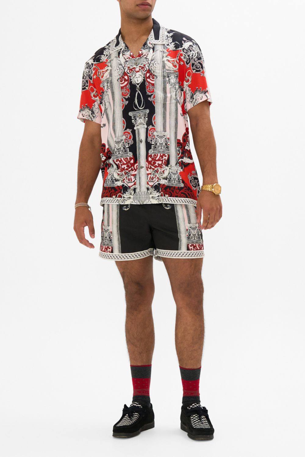 CAMILLA Short Sleeve Camp Collared Shirt in Mark Of Medusa print