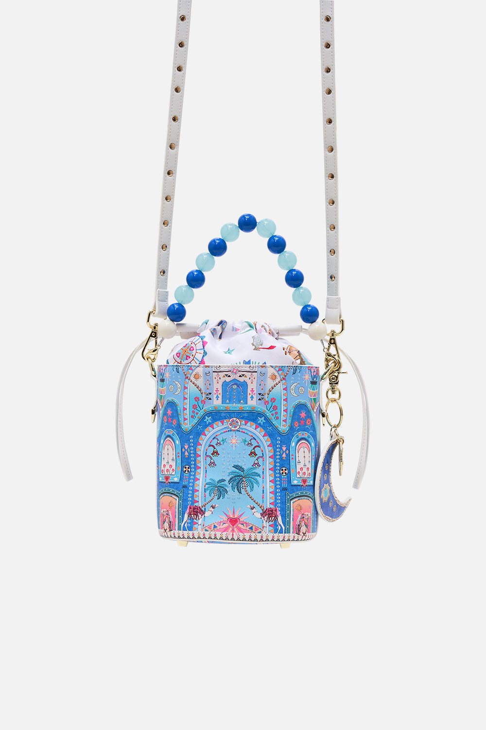 CAMILLA Drawstring Bucket Bag With Beaded Handle in A Painted Village print