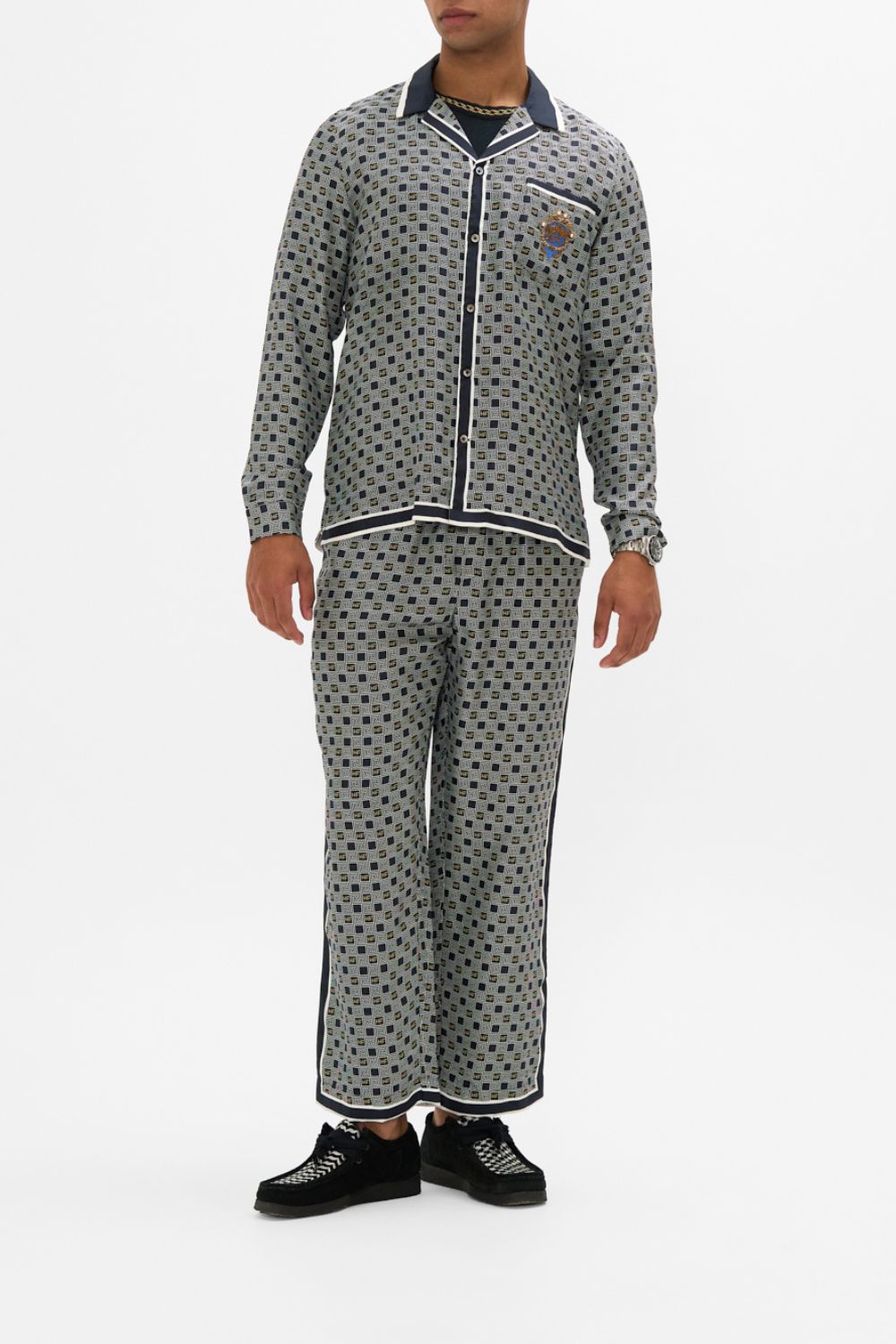 CAMILLA Long Sleeve Camp Collared Shirt in Riddle Of The Sphinx Print.