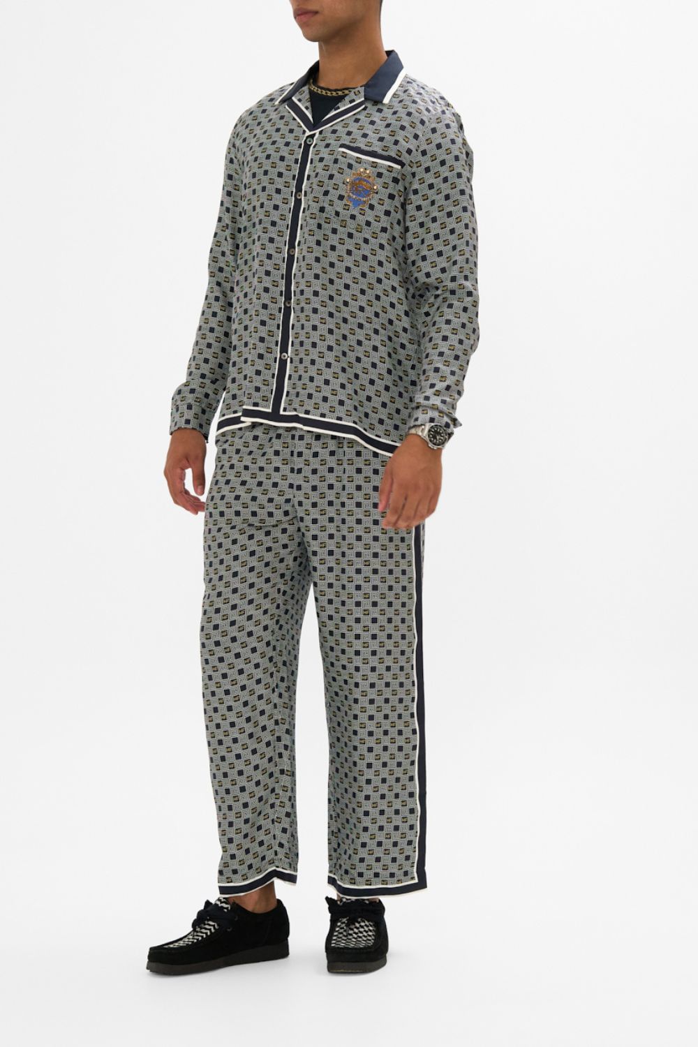 CAMILLA Long Sleeve Camp Collared Shirt in Riddle Of The Sphinx Print.