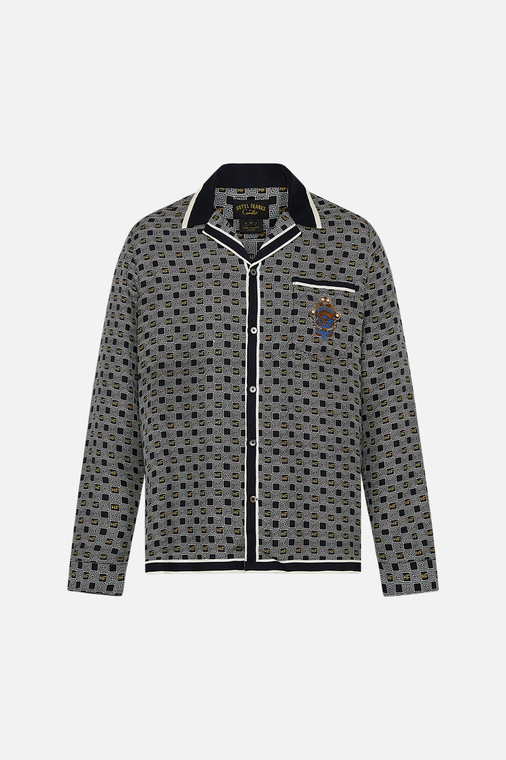 CAMILLA Long Sleeve Camp Collared Shirt in Riddle Of The Sphinx Print.