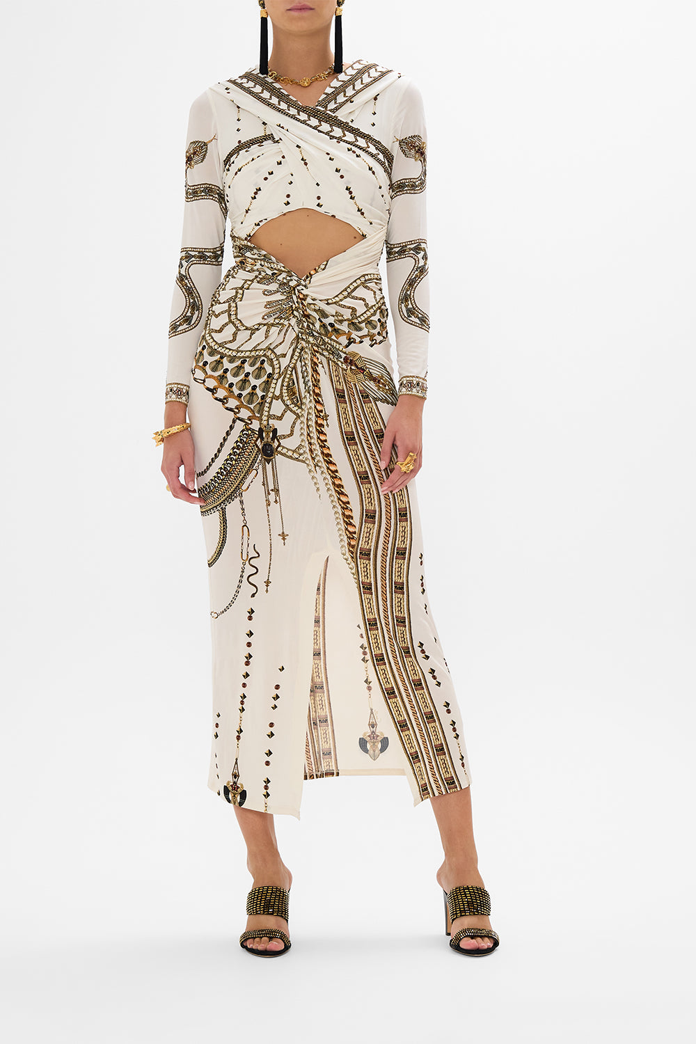CAMILLA Twist Front Jersey Hooded Dress in Goddess Energy print
