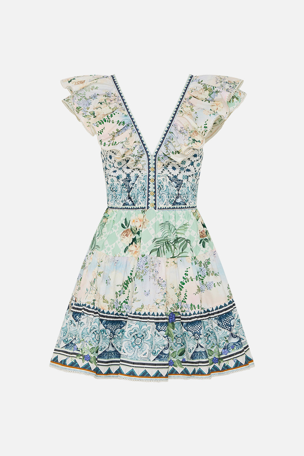 TIERED SHORT DRESS WITH NECK FRILL JARDIM PARTY