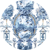 Decorative blue and white pattern with floral and architectural elements on a white background