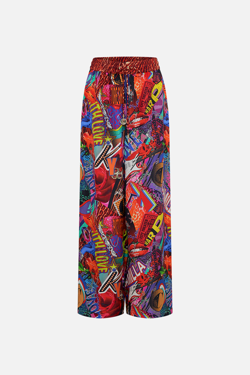 Product view of CAMILLA silk palazzo pants in multicoloured Radical Rebirth print