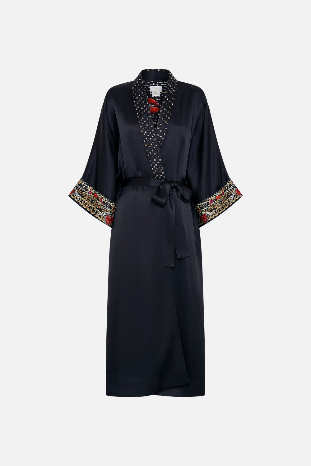 Product view of CAMILLA black silk robe in Radical Rebirth print