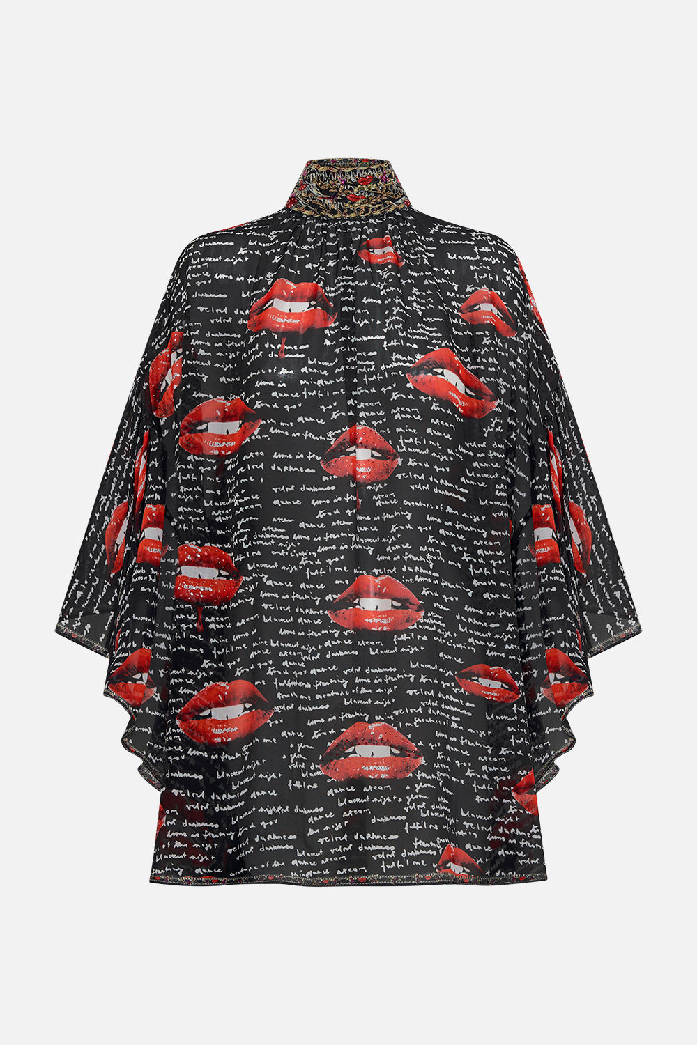 Product view of CAMILLA black silk blouse in Chaos Magic print 